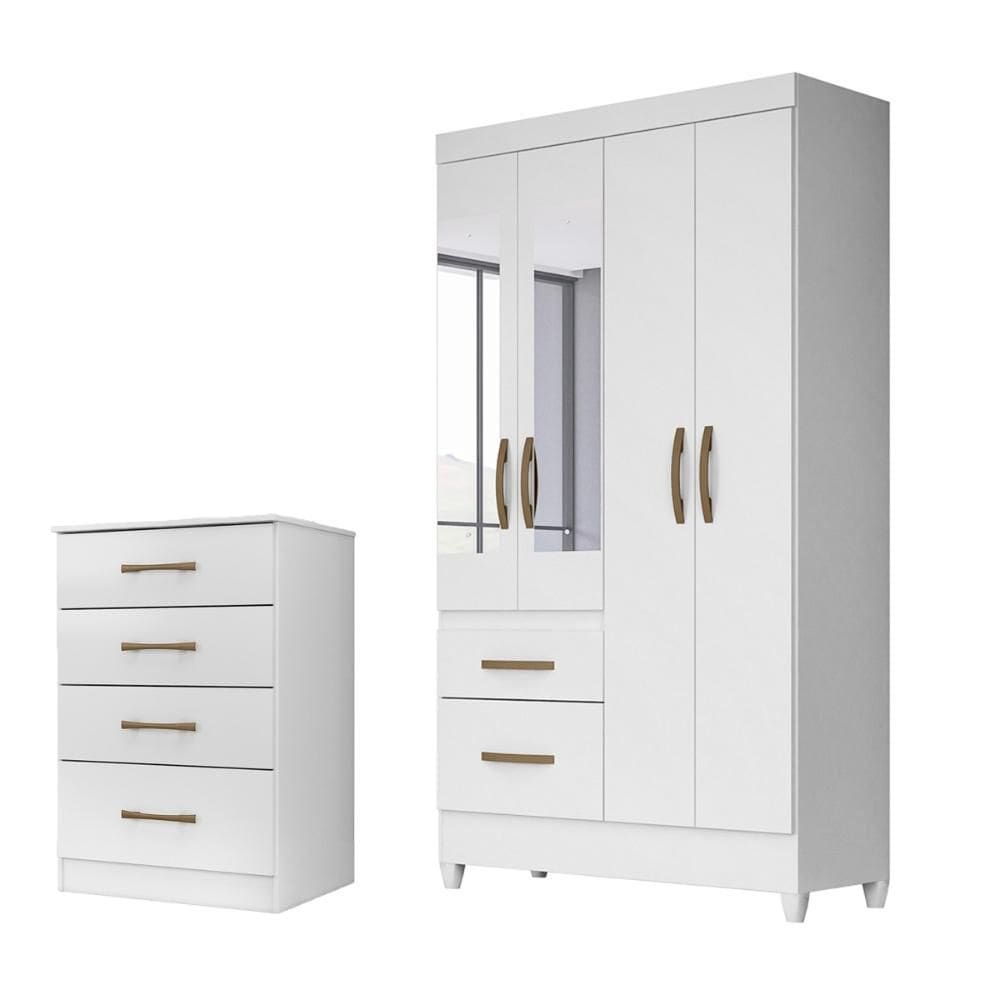 Kit Guarda Roupa Solteiro com Espelho Madri e Cômoda MS