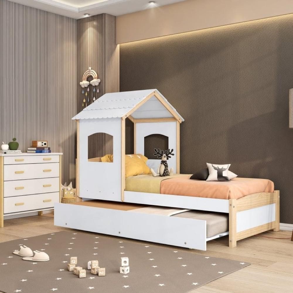 Bicama Infantil Solteiro Madeira Maciça/mdf com Telhado Casinha Casatema Branca/Natural
