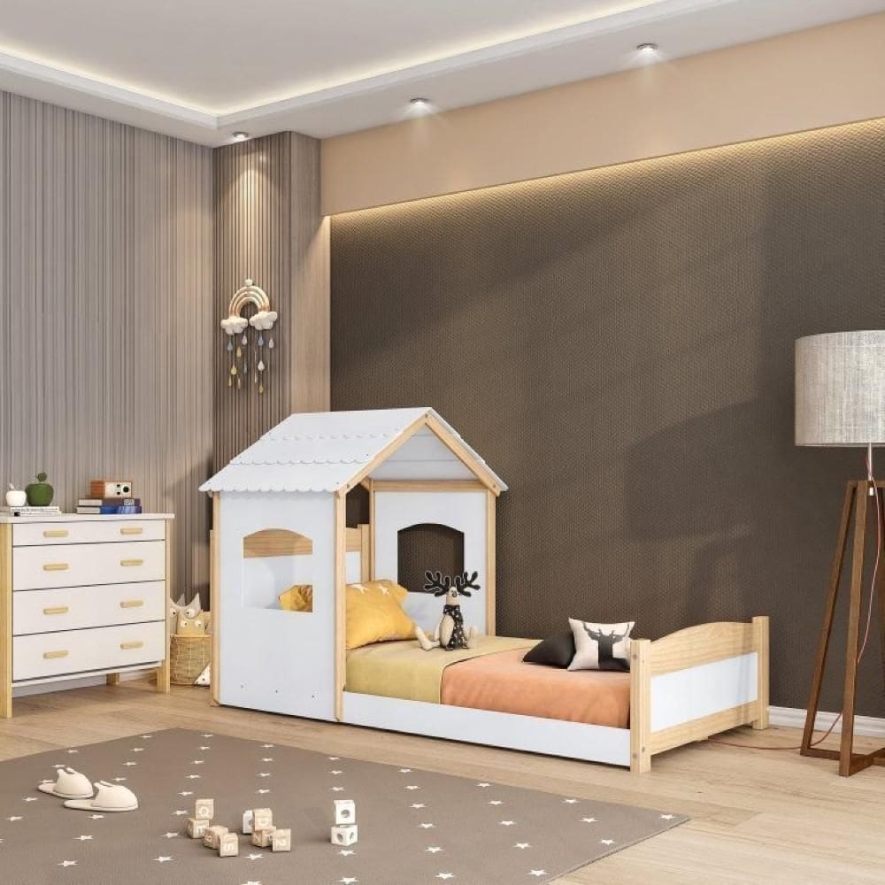 Cama Montessoriana Solteiro e Telhado Casinha Casatema Branco/Natural