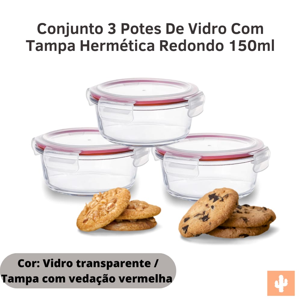 Conjunto 3 Potes De Vidro Com Tampa Hermética Redondo 150ml