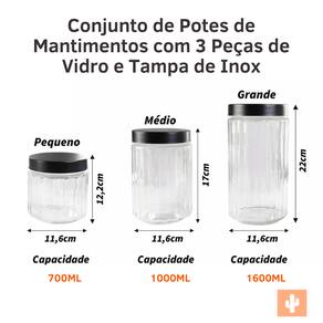 Potes de Mantimentos com 3 Peças de Vidro e Tampa de Inox
