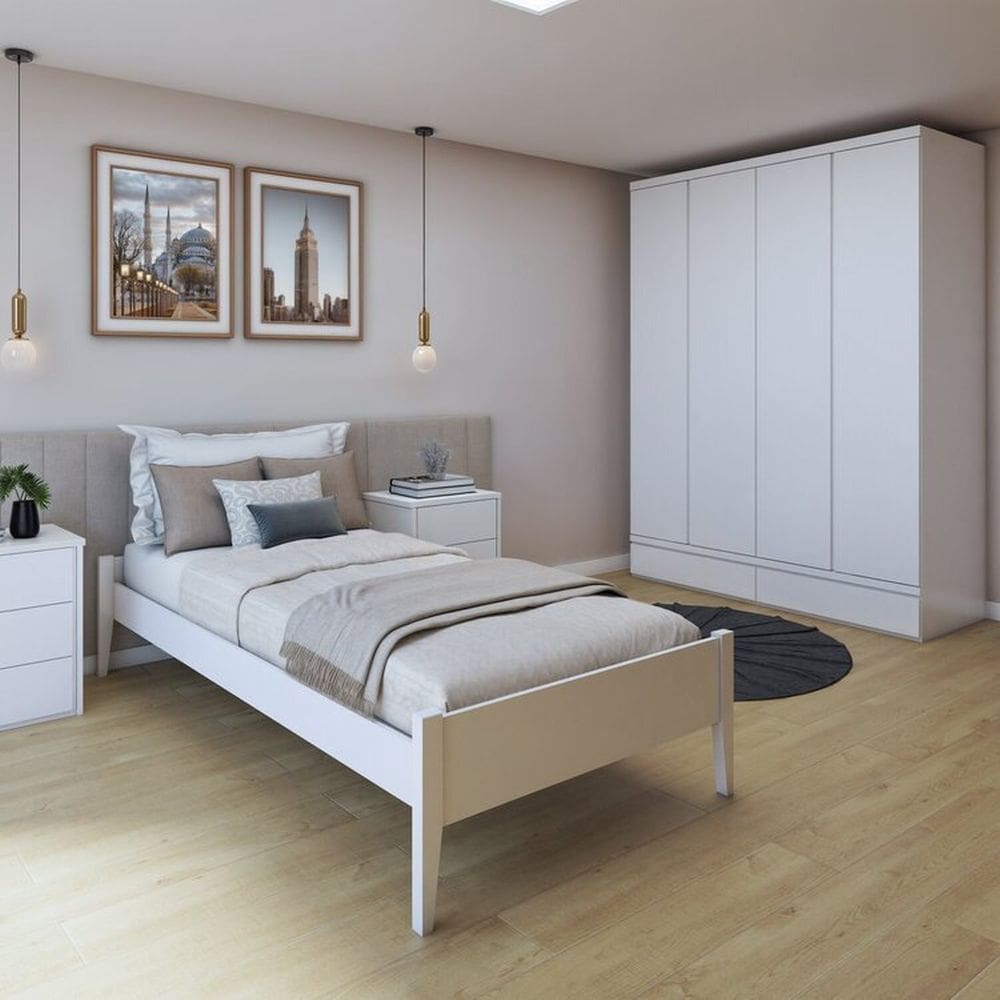 Quarto Completo com Cama Solteiro 90cm Turca e Guarda-Roupa 4 Portas 5 Gavetas Urbano Branco