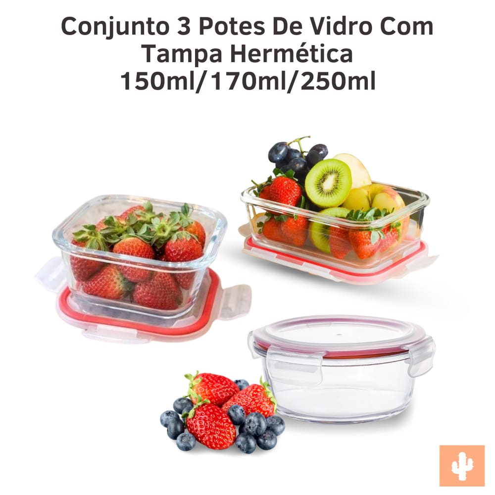 3 Potes De Vidro Com Tampa Hermética 150ml/170/ml/250ml