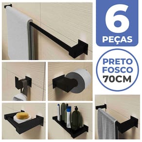 Kit Acessórios Para Banheiro 6 Peças Aço Inox Preto Fosco Linha Quadrada Q6BPF