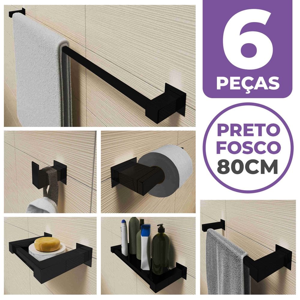 Kit Acessórios Para Banheiro 6 Peças Aço Inox Preto Fosco Linha Quadrada Q6EPF