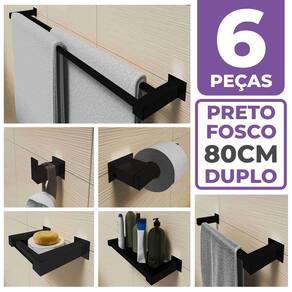 Kit Acessórios Para Banheiro 6 Peças Aço Inox Preto Fosco Linha Quadrada Q6FPF