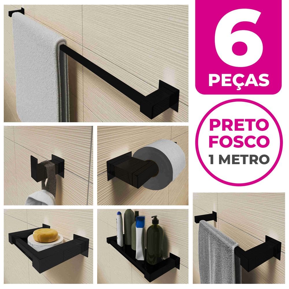 Kit Acessórios Para Banheiro 6 Peças Aço Inox Preto Fosco Linha Quadrada Q6GPF