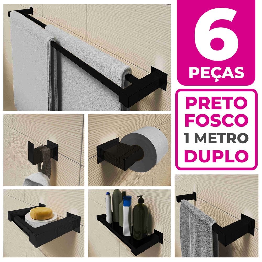 Kit Acessórios Para Banheiro 6 Peças Aço Inox Preto Fosco Linha Quadrada Q6HPF