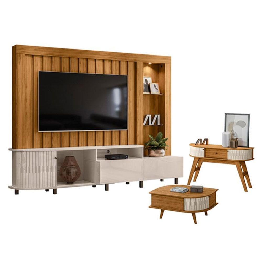 Estante Home Theater Le Mans com Aparador Estoril e Mesa de Centro Indianápolis Naturale Off White – Madetec