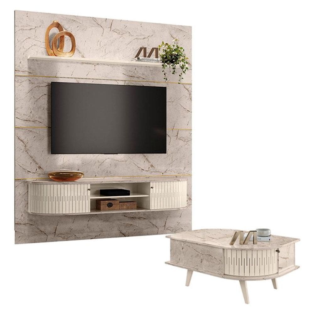 Estante Home Theater com Bancada Suspensa Bugatti com Mesa de Centro Indianápolis Calacata Off White – Madetec