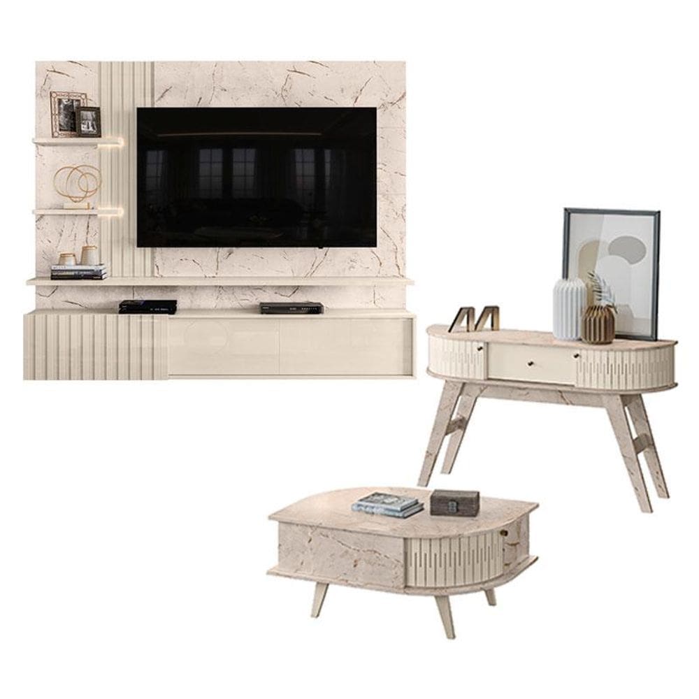 Estante Home Theater Suspenso Atena com Aparador Estoril e Mesa de Centro Indianápolis Calacata Off White – Madetec