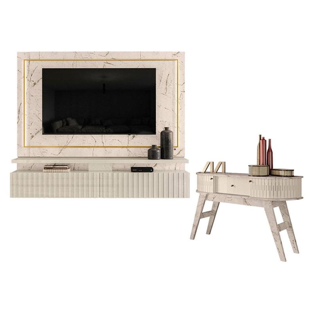 Estante Home Theater Suspenso Gaia com Aparador Estoril Calacata Off White – Madetec
