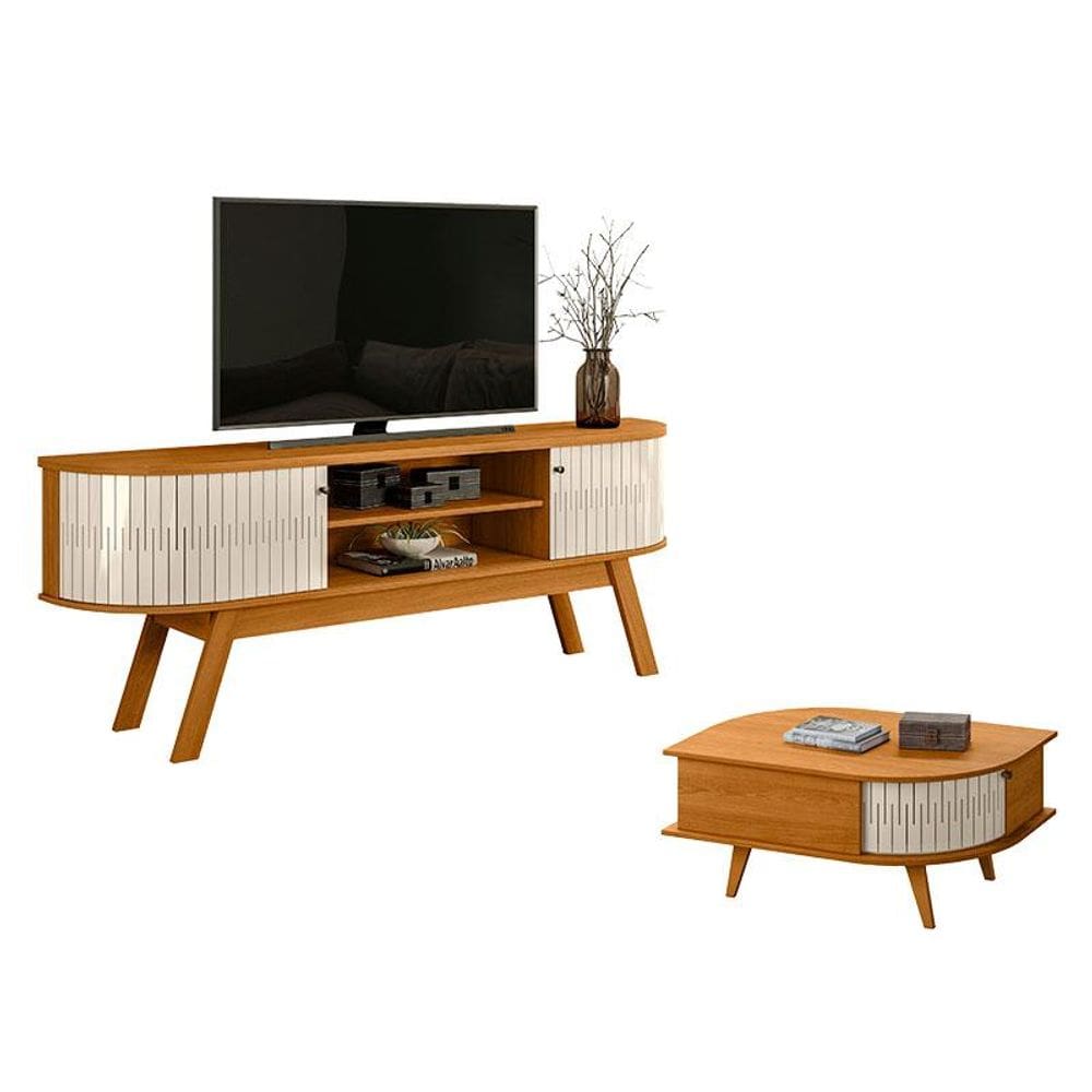 Rack Bancada Valência com Mesa de Centro Indianápolis Cinamomo Off White – Madetec