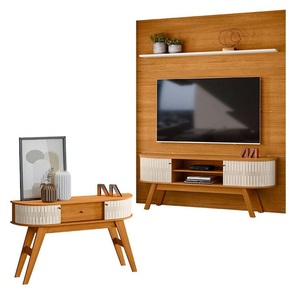 Estante Home Theater com Bancada Laguna com Aparador Estoril Cinamomo Off White – Madetec