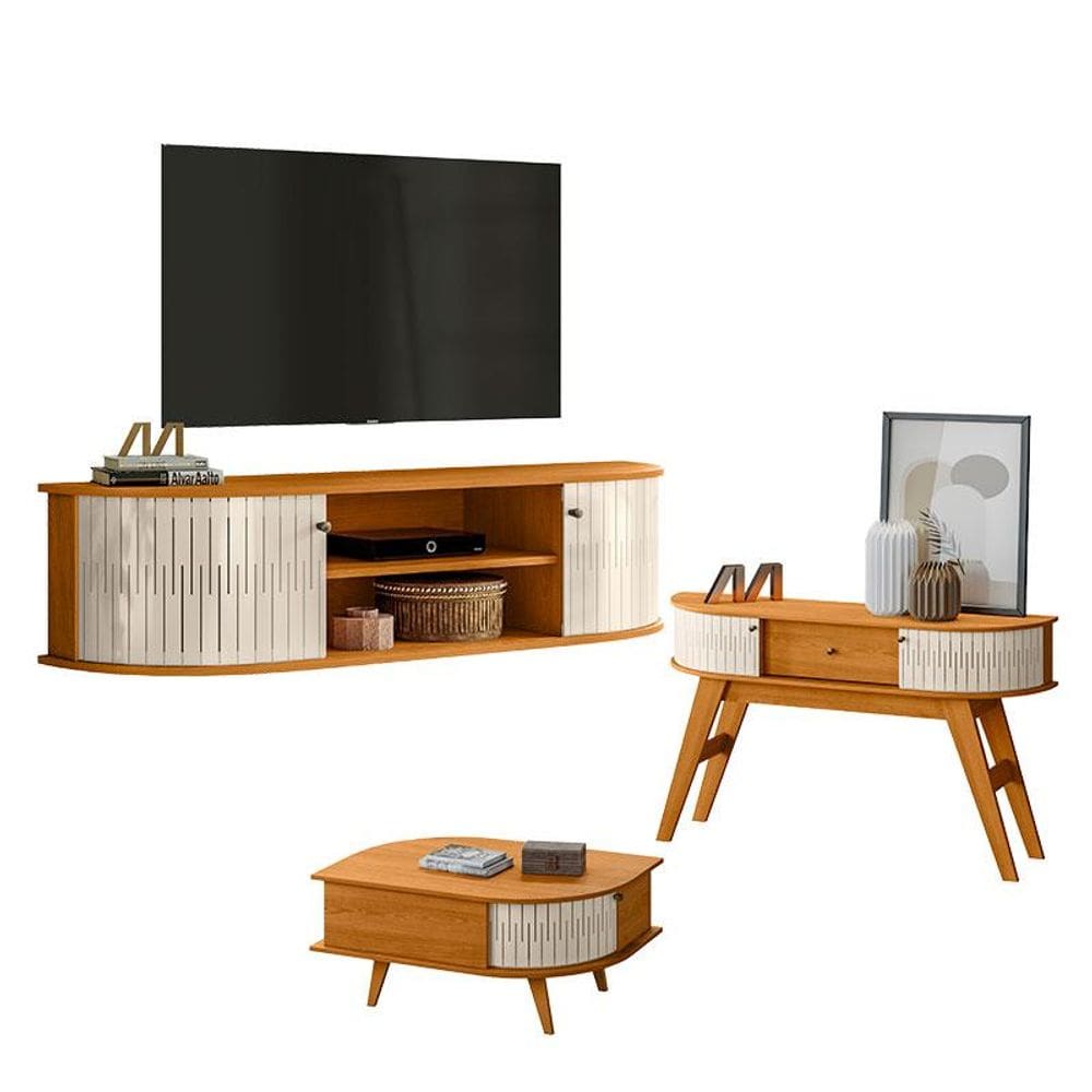 Rack Bancada Suspensa Modena com Aparador Estoril e Mesa de Centro Indianápolis Cinamomo Off White – Madetec