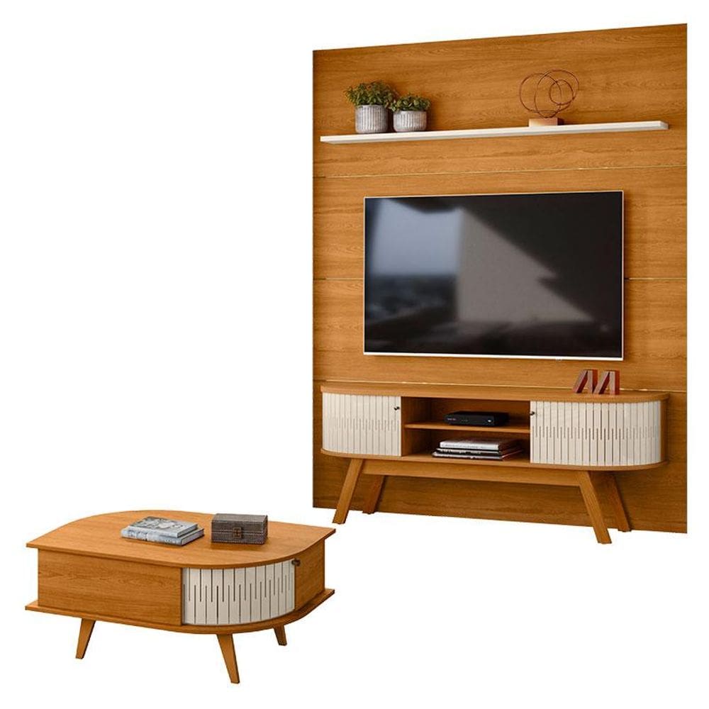 Estante Home Theater com Bancada Laguna com Mesa de Centro Indianápolis Cinamomo Off White – Madetec