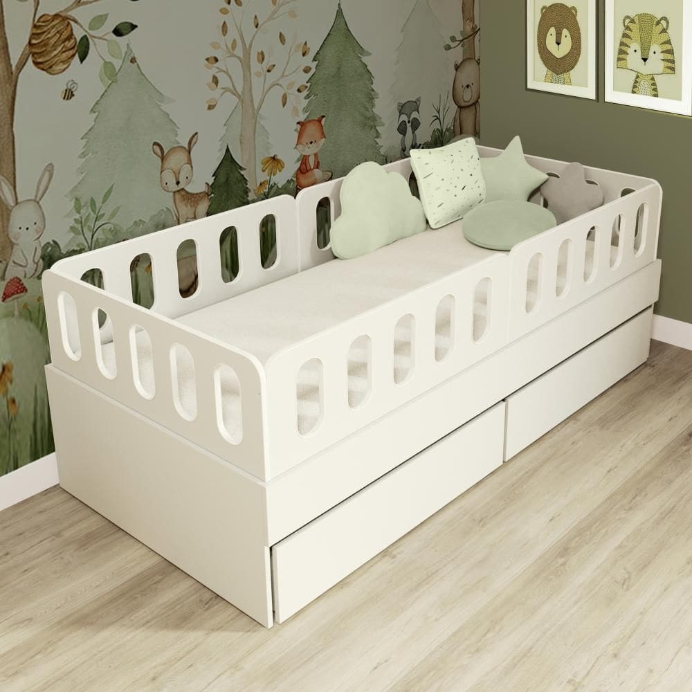 Cama Solteiro Mdf BP Branco com 02 Gavetas 04 Grades e Cabeceira Megamobilia