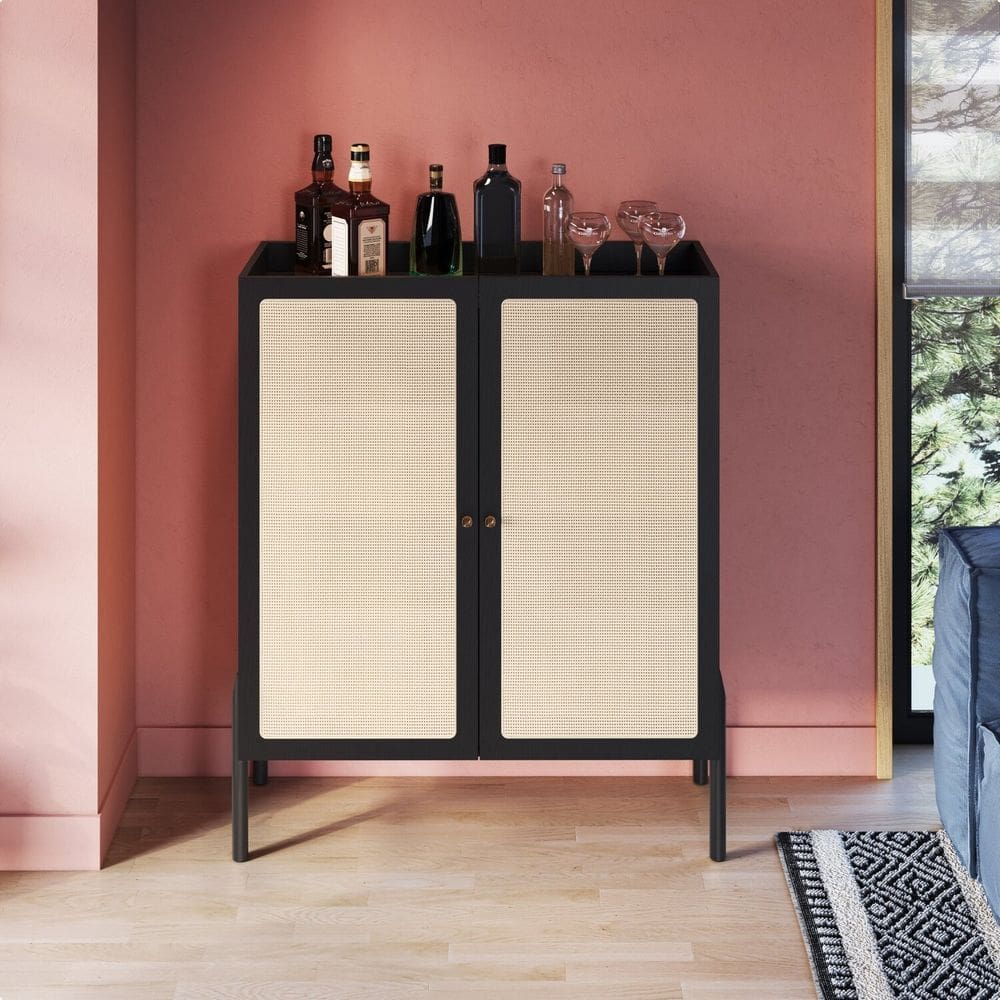 Cristaleira 2 Portas 93cm Palhinha Pé Madeira Oslo Nero/Preto