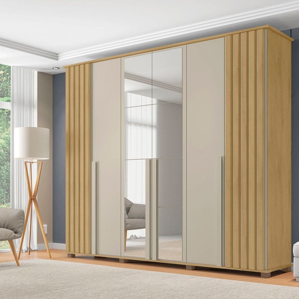 Guarda-roupa Casal 6 Portas com Espelho e 4 Gavetas Amsterdã Cinamomo/Off White