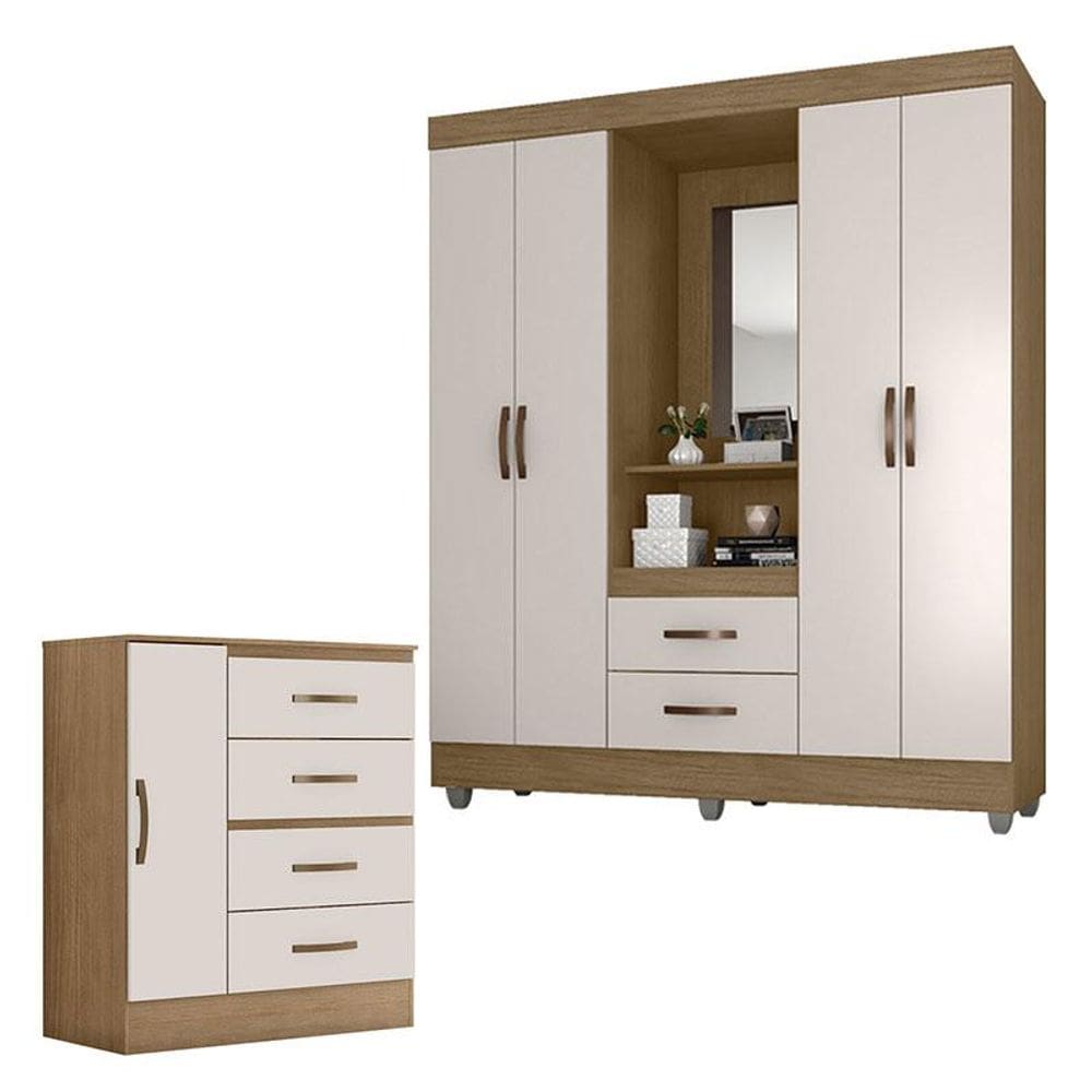 Guarda Roupa Casal Capela e Cômoda 4 Gavetas 01 Porta Lite Nature Off White - Móveis Leão