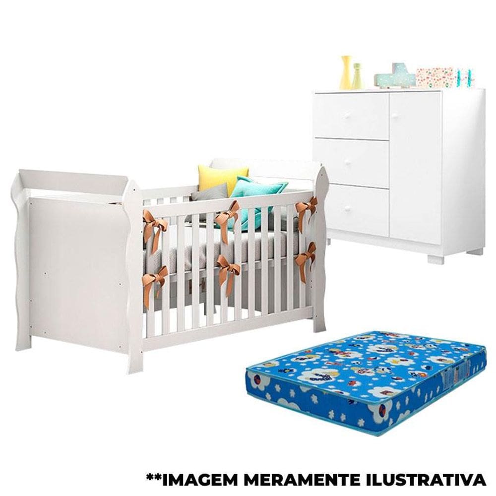 Berço Americano Lara e Cômoda Infantil Duda Branco Brilho com Colchão - Phoenix Baby