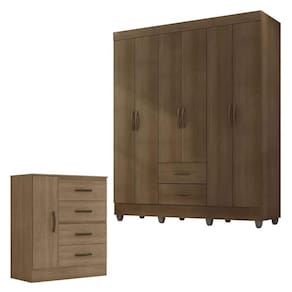 Guarda Roupa Casal 6 Portas e Cômoda 4 Gavetas 01 Porta Lite Carvalho Oak - Móveis Leão