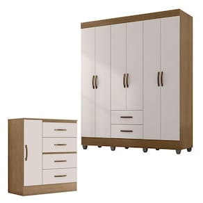 Guarda Roupa Casal 6 Portas e Cômoda 4 Gavetas 01 Porta Lite Nature Off White - Móveis Leão