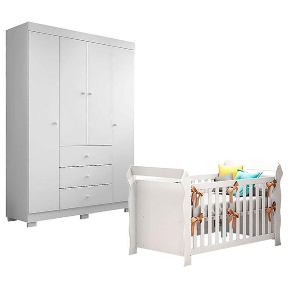 Berço Americano Lara com Guarda Roupa Duda 4 Portas Branco Brilho - Phoenix Baby