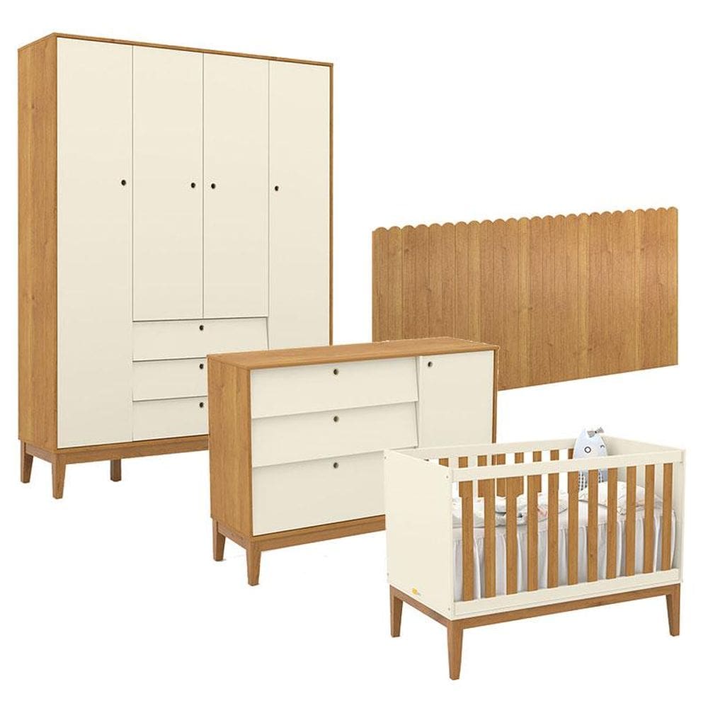Quarto de Bebê Unique 4 Portas com Cômoda Sapateira e Painel Farm Off White Freijó Eco Wood - Matic