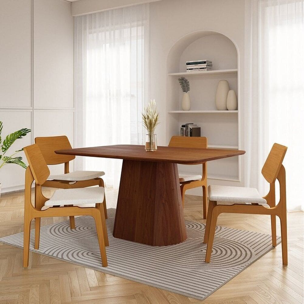 Conjunto Baobá 140cm com 04 Cadeiras Jandaia Cabecasa Madeiramadeira Cinamomo/Amêndoa/Bege