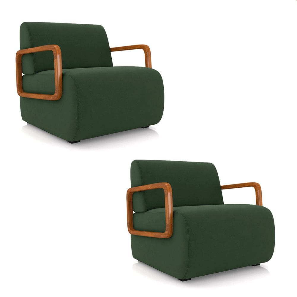 Poltrona Sala de Estar Braço de Madeira Kit 2 Hellen Veludo Verde Musgo K01 - D`Rossi