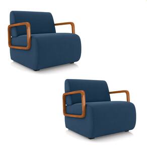 Poltrona Sala de Estar Braço de Madeira Kit 2 Hellen Veludo Azul Marinho K01 - D`Rossi