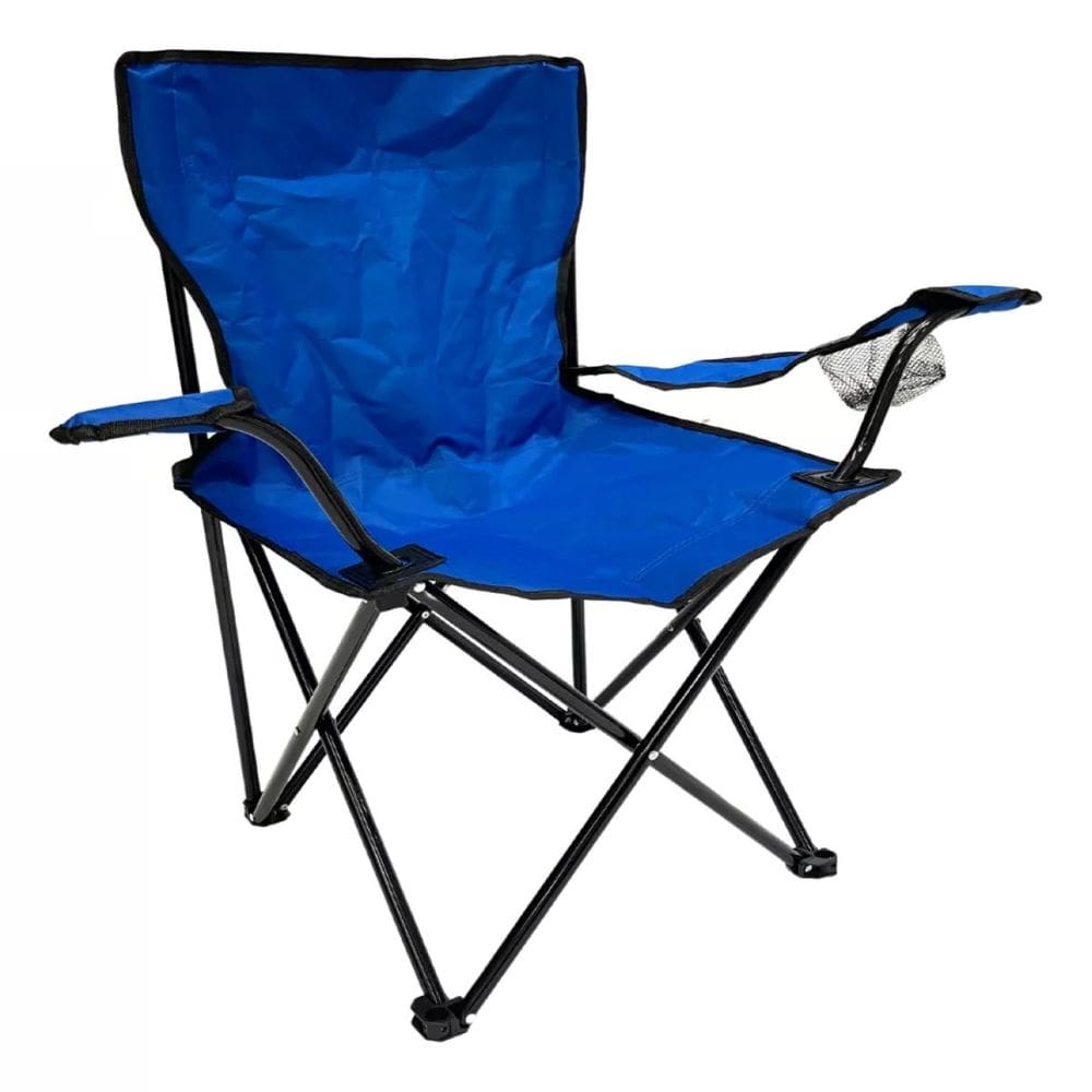 Cadeira Dobrável Resistente + Bolsa Porta Copos Camping Azul