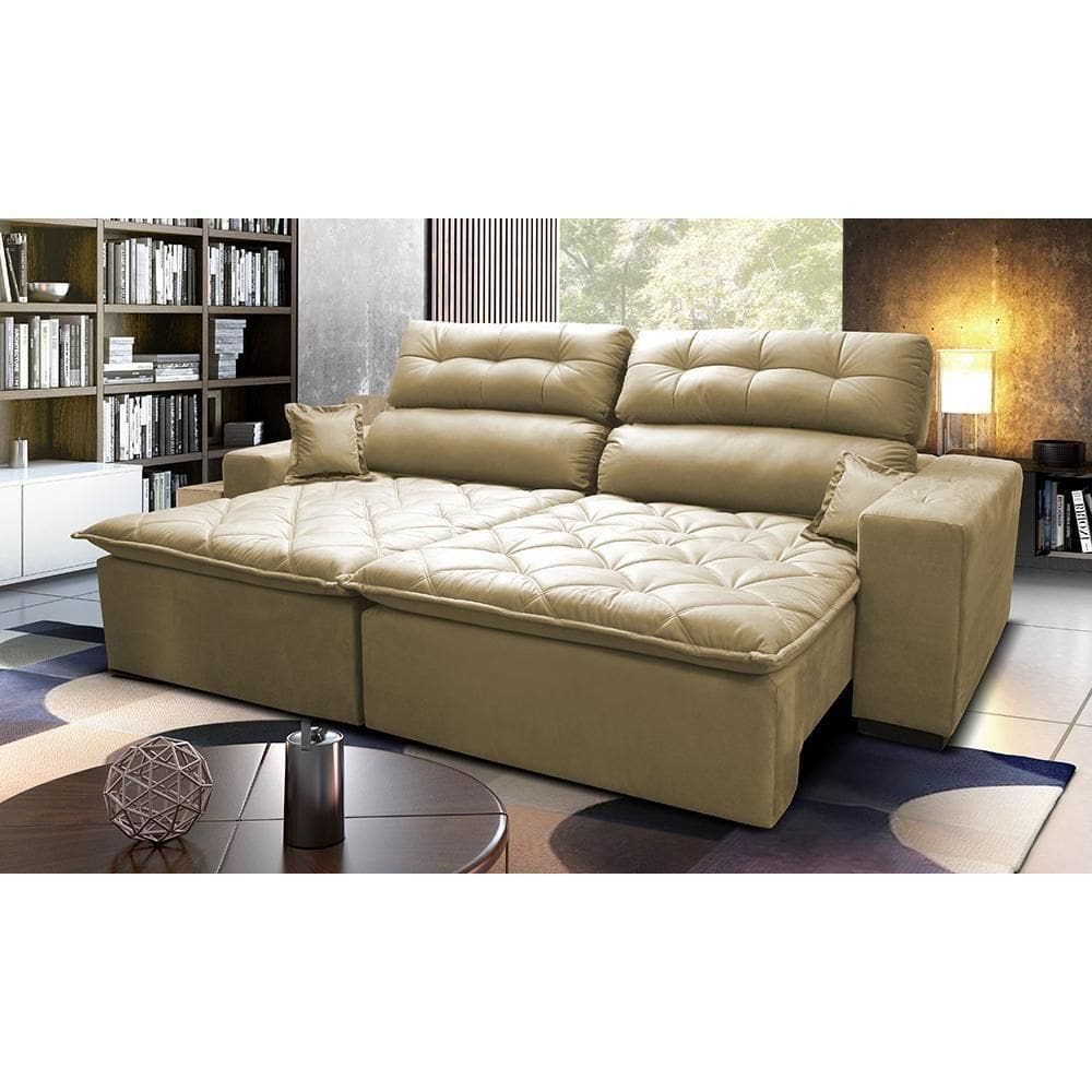 Sofá 2,02m Retrátil E Reclinável Com Molas Cama Inbox Confort Tecido Suede Velusoft Bege