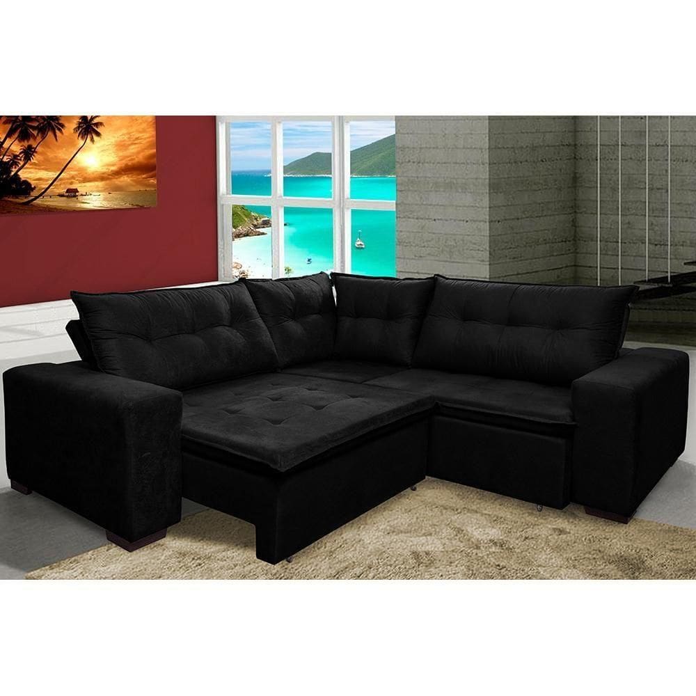 Sofá De Canto Retrátil, Reclinável, Molas Cama Inbox Oklahoma 2,30m X 2,30m Suede Velusoft Preto