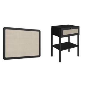 Conjunto Cabeceira Solteiro 90cm e Mesa de Cabeceira 1 Gaveta Pé Madeira Palhinha Oslo Nero Nero