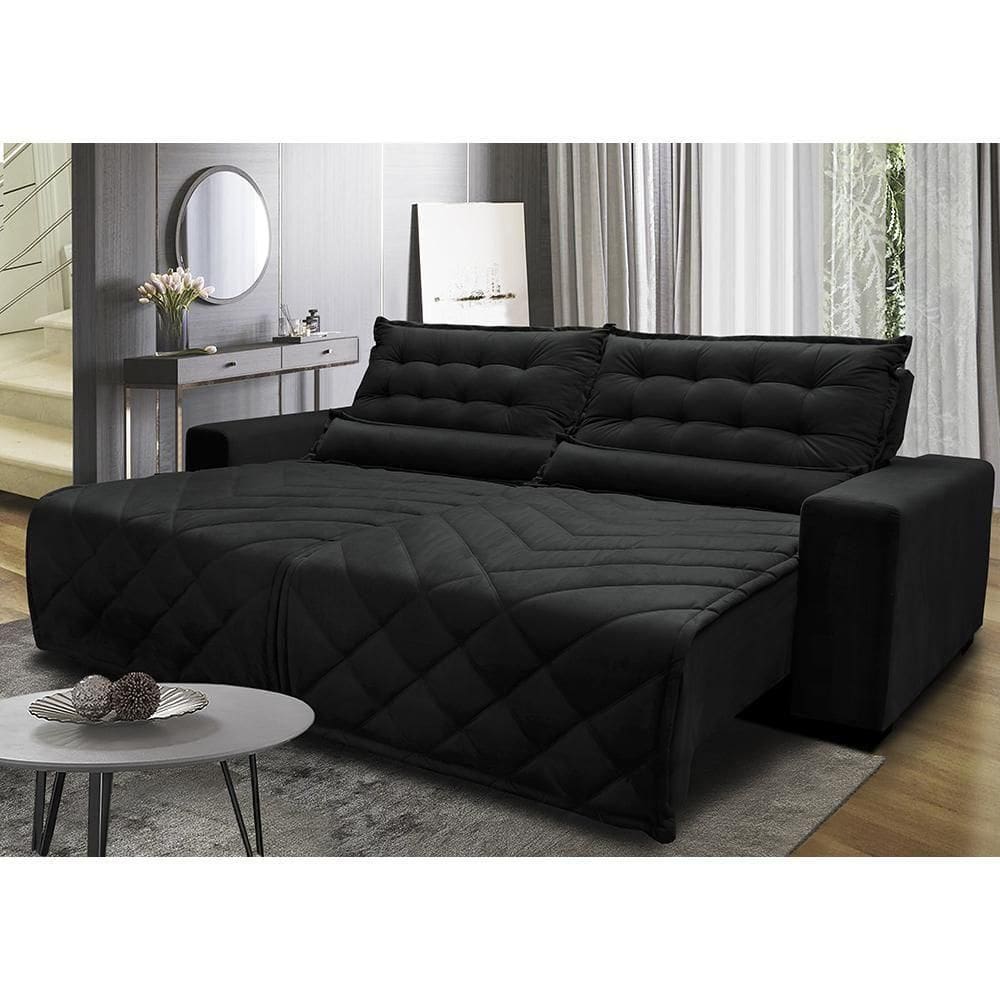 Sofá 2,32m Retrátil E Reclinável Com Molas Cama Inbox Plus Tecido Suede Velusoft Preto