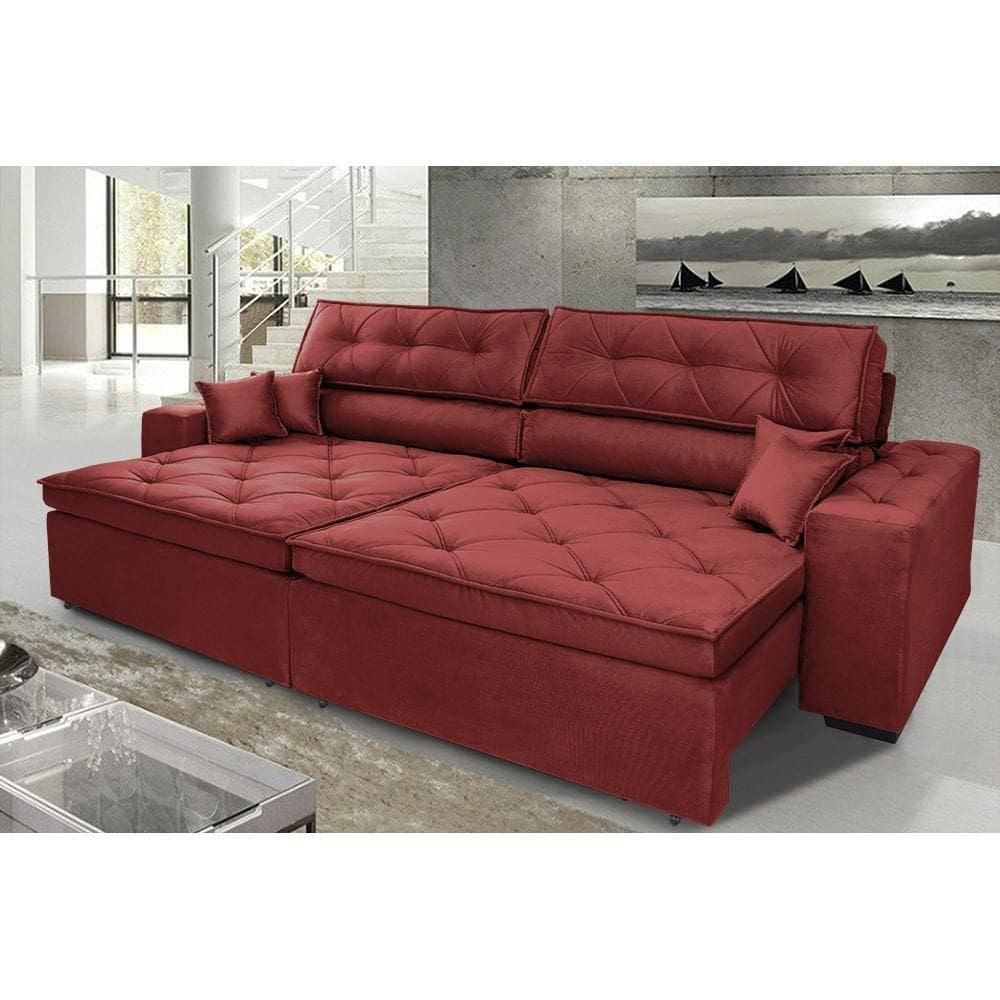 Sofá Austin 2,02m Retrátil, Reclinável Com Molas No Assento E Almofadas, Tecido Suede Vermelho