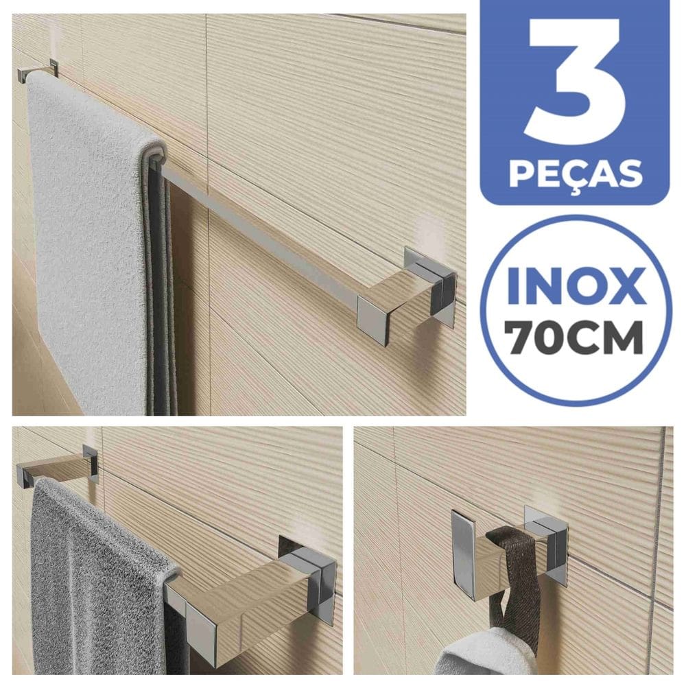 Kit Acessórios Para Banheiro 3 Peças Aço Inox Linha Quadrada Q3B