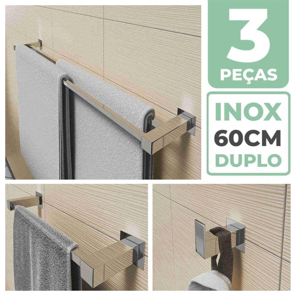 Kit Acessórios Para Banheiro 3 Peças Aço Inox Linha Quadrada Q3C