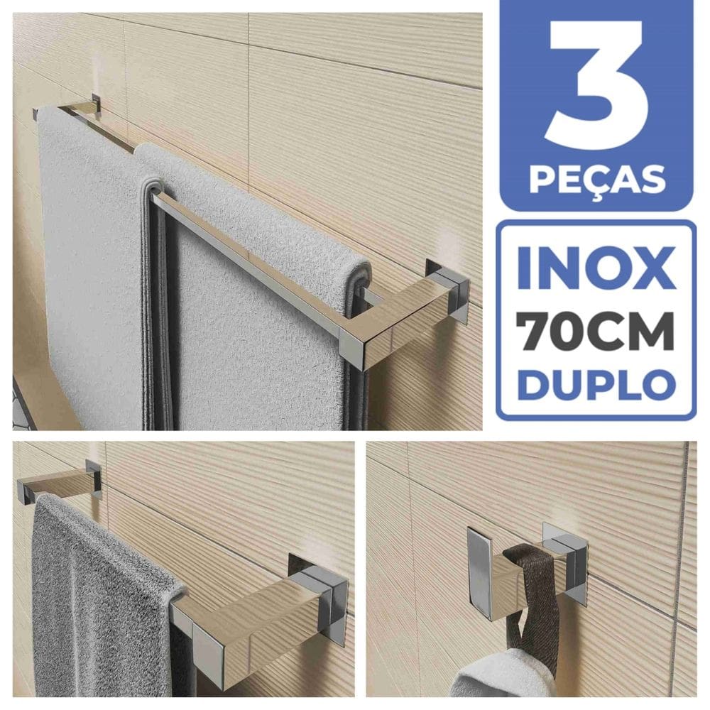 Kit Acessórios Para Banheiro 3 Peças Aço Inox Linha Quadrada Q3D