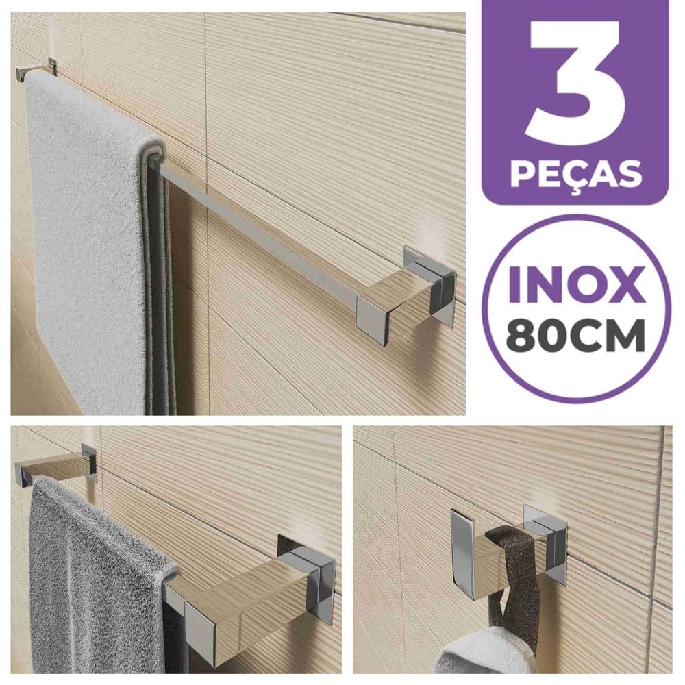 Kit Acessórios Para Banheiro 3 Peças Aço Inox Linha Quadrada Q3E