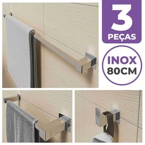 Kit Acessórios Para Banheiro 3 Peças Aço Inox Linha Quadrada Q3E