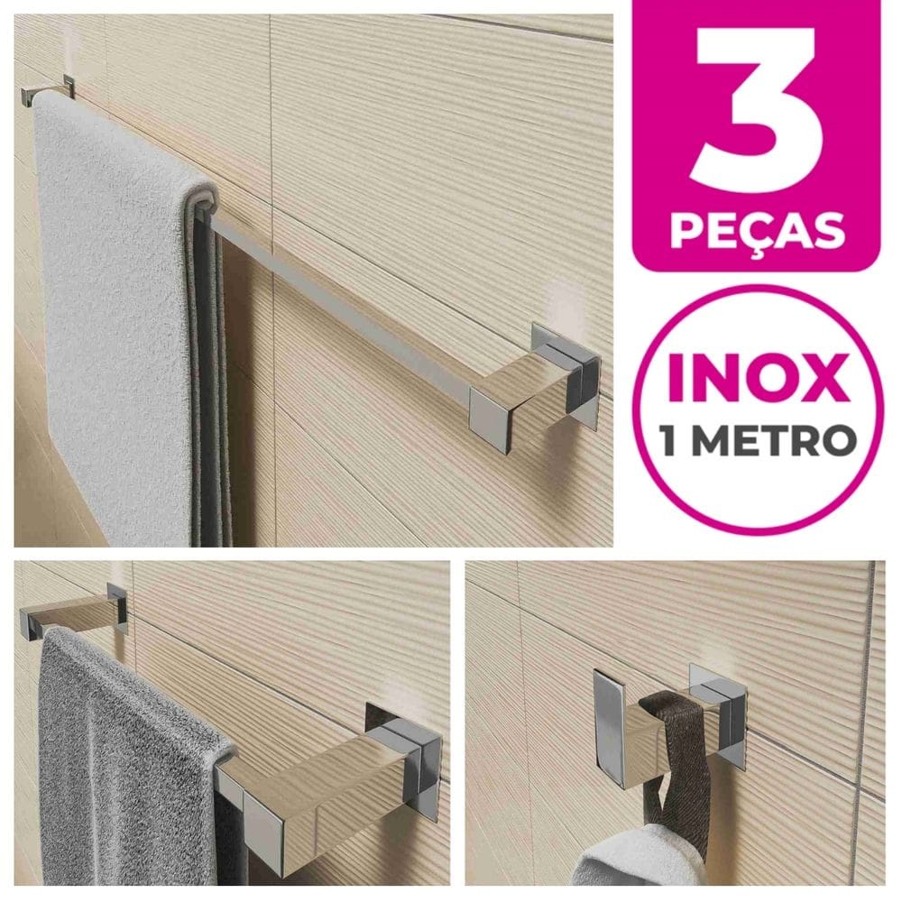 Kit Acessórios Para Banheiro 3 Peças Aço Inox Linha Quadrada Q3G