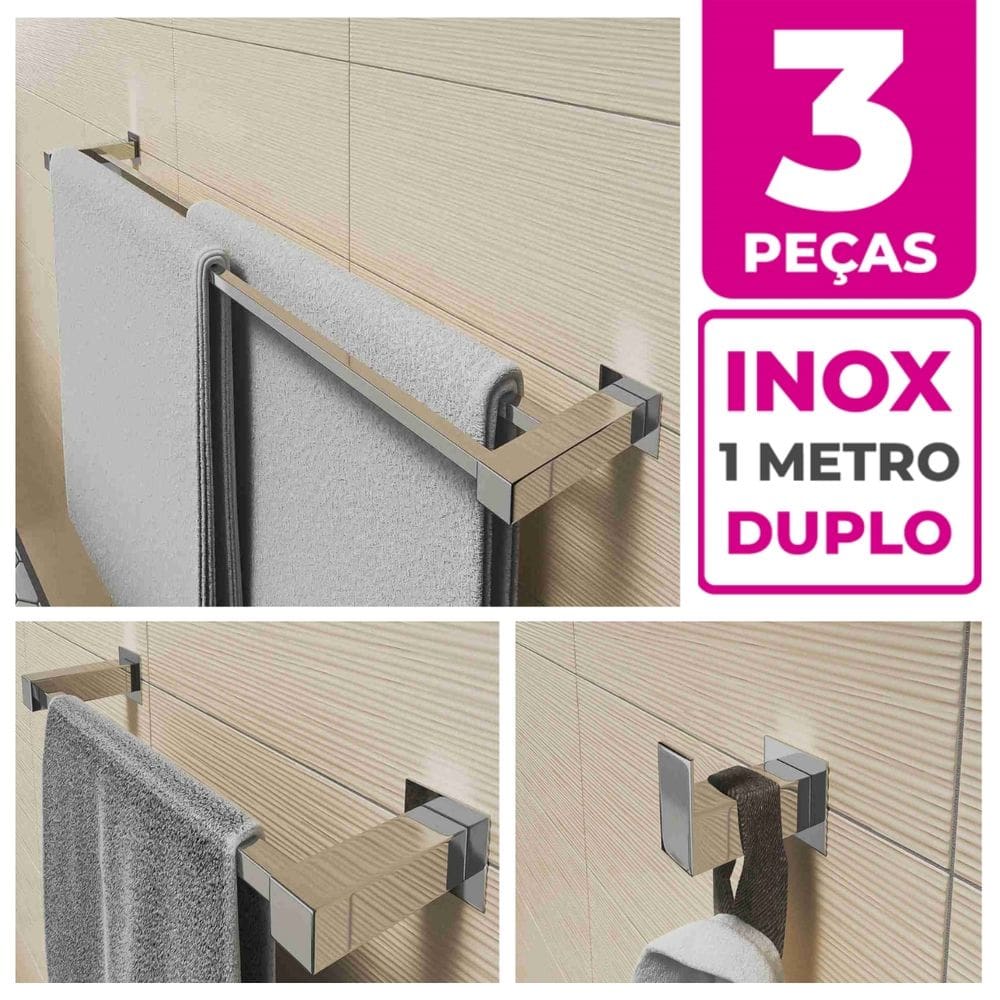 Kit Acessórios Para Banheiro 3 Peças Aço Inox Linha Quadrada Q3H