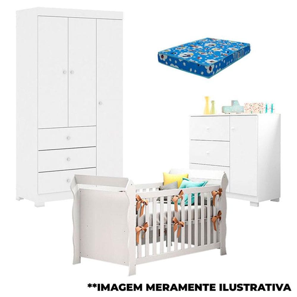 Quarto de Bebê Duda 3 Portas e Berço Americano Lara Branco Brilho com Colchão - Phoenix Baby