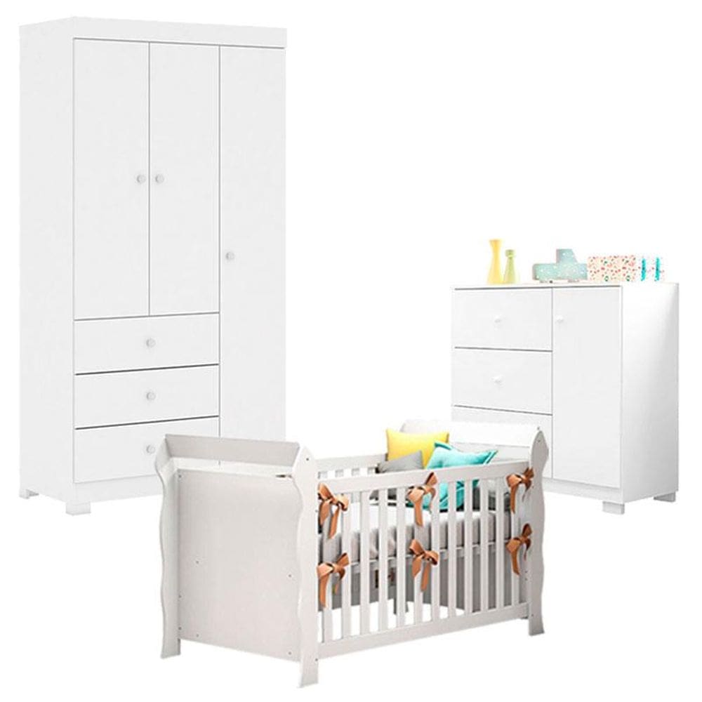 Quarto de Bebê Duda 3 Portas com Berço Americano Lara Branco Brilho - Phoenix Baby