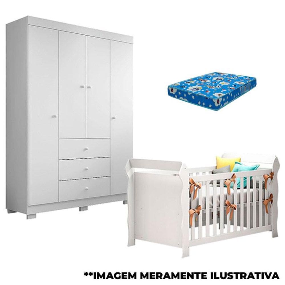 Berço Americano Lara e Guarda Roupa Duda 4 Portas Branco Brilho com Colchão - Phoenix Baby