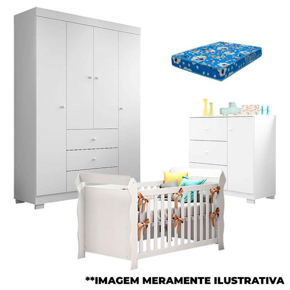 Quarto de Bebê Duda 4 Portas e Berço Americano Lara Branco Brilho com Colchão - Phoenix Baby