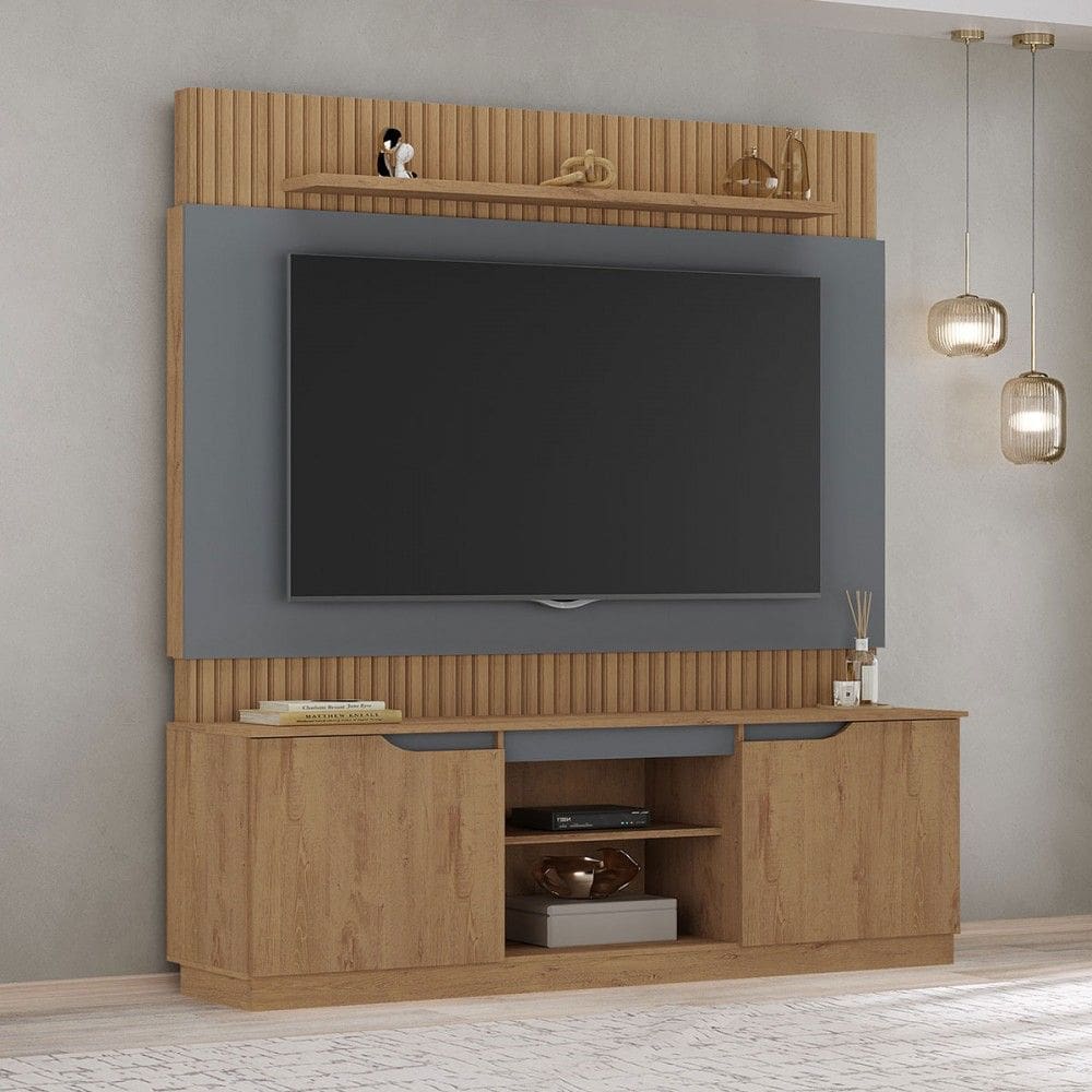 Estante para TV Até 70 Polegadas Torino 2 Portas Ripado Flex Canelato/Grafite/Green - Atualle Móveis